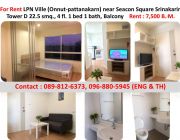 For Rent  Lumpini Ville Onnut Pattanakarn near Seacon Square